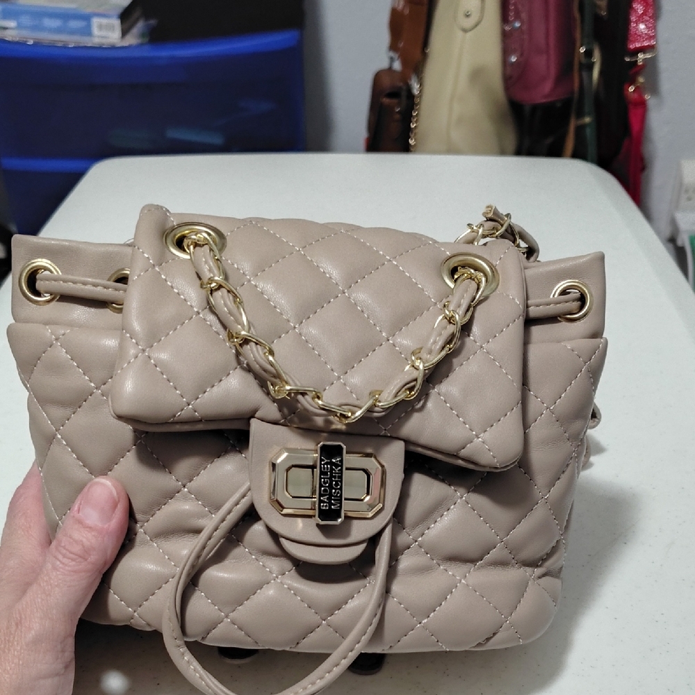 Michael Kors Quilted Taupe Chain-Handle Backpack